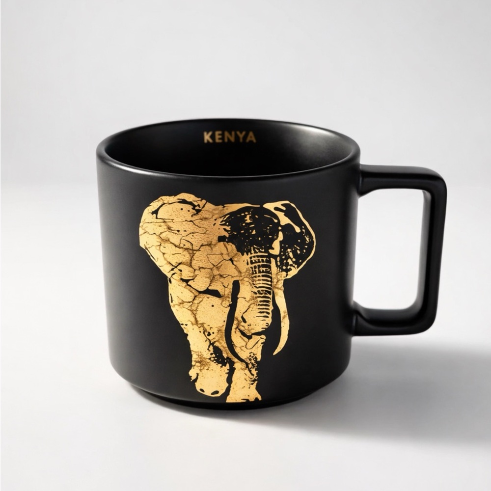 STARBUCKS COLLECTIBLE MATTE BLACK KENYA MUG W/ GOLD ELEPHANT 14‎ FL/OZ